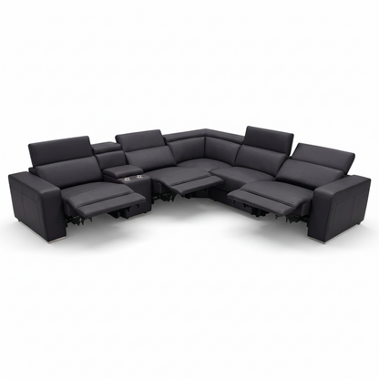 Direct Furniture Depot Vienna black leather modular corner sofa with three electric recliners and storage console.