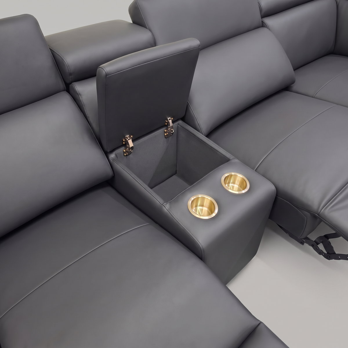 Direct Furniture Depot Vienna grey leather modular corner sofa with open storage console and gold cup holders