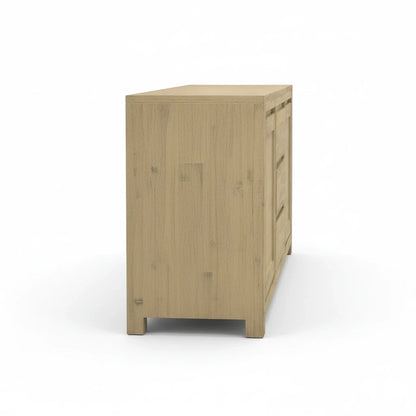 Direct Furniture Depot Watson buffet in a warm timber finish with two doors and three drawers, side view.