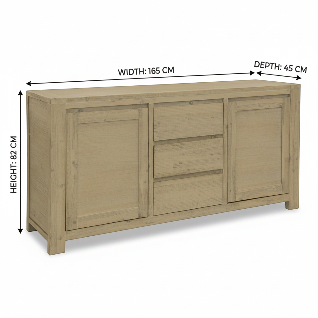 Direct Furniture Depot Watson buffet with two doors and three drawers in a warm timber finish with dimensions shown.