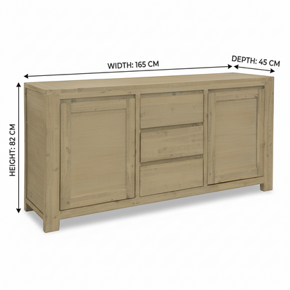 Direct Furniture Depot Watson buffet with two doors and three drawers in a warm timber finish with dimensions shown.