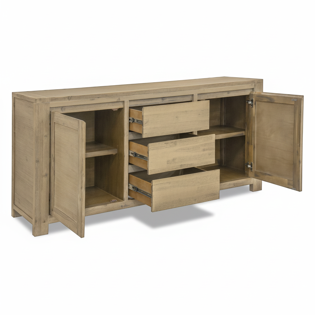 Direct Furniture Depot Watson buffet in warm timber finish with two doors and three open drawers for storage.