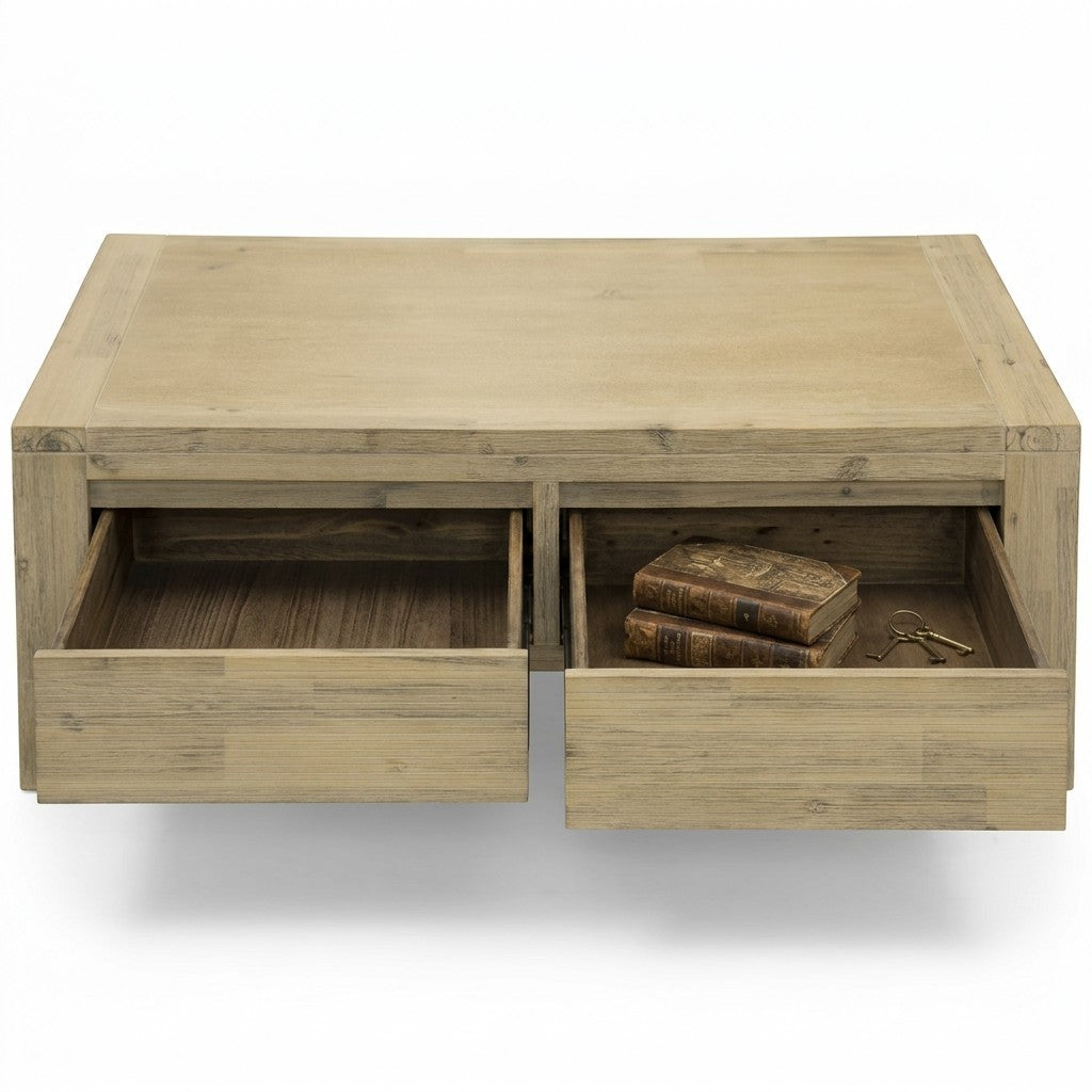 Direct Furniture Depot Watson timber coffee table with two open storage drawers and a natural wood finish