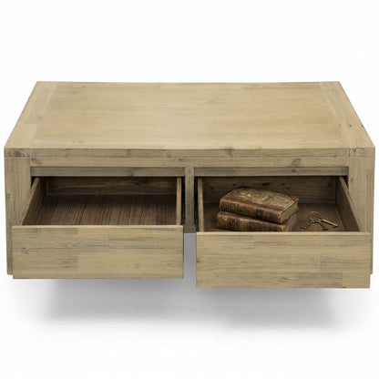 Direct Furniture Depot Watson timber coffee table with two open storage drawers and a natural wood finish