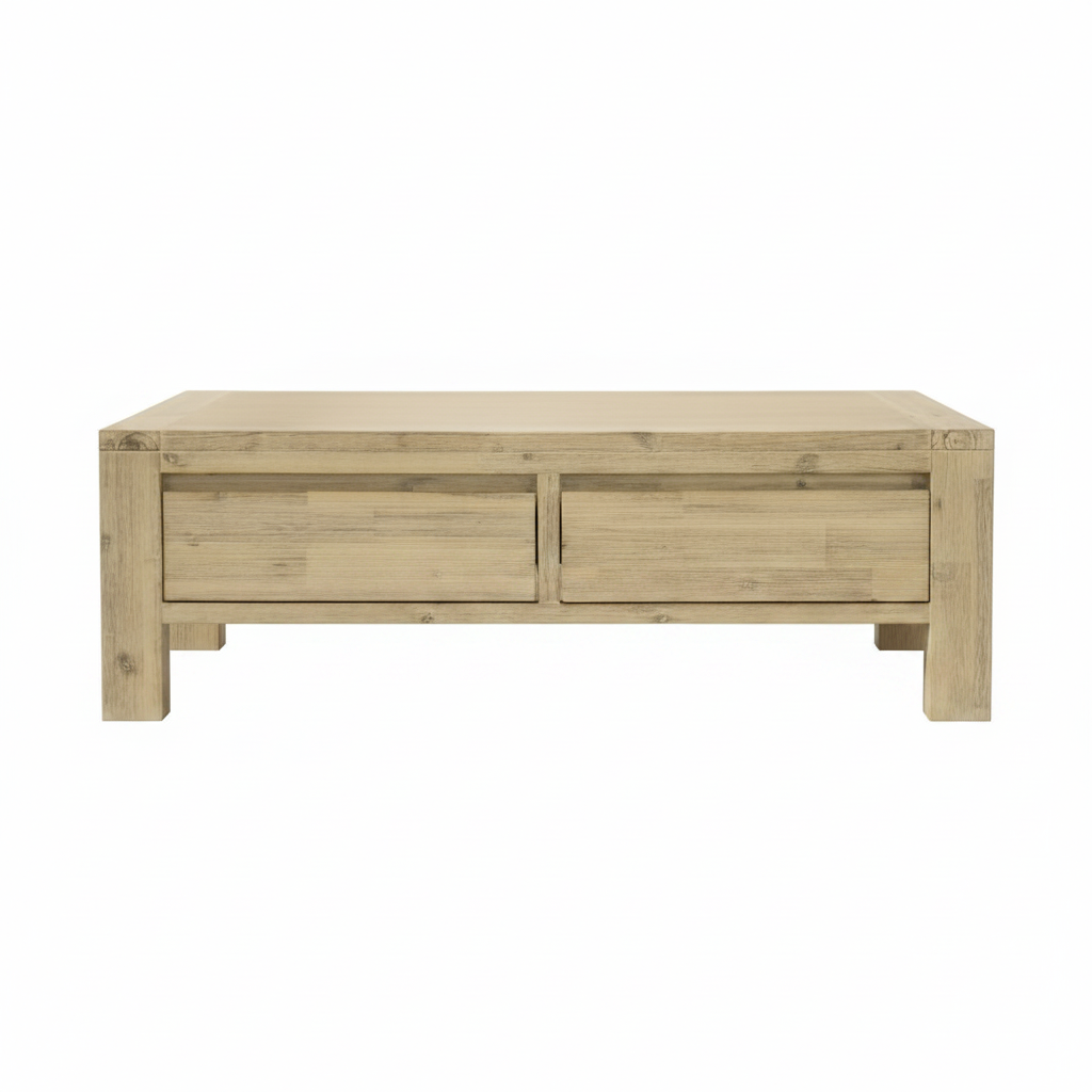 Direct Furniture Depot Watson coffee table in natural timber with two storage drawers and a clean, minimalist design.
