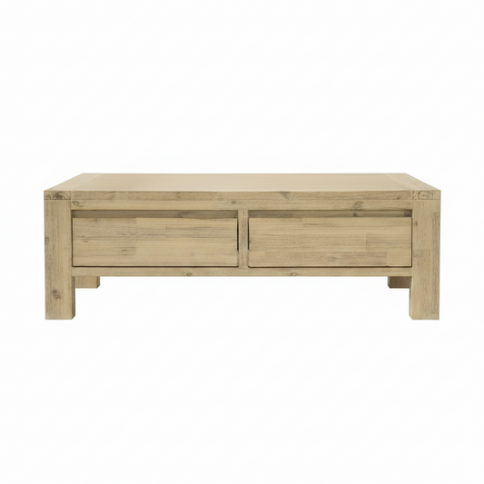 Direct Furniture Depot Watson coffee table in natural timber with two storage drawers and a clean, minimalist design.