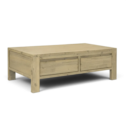 Direct Furniture Depot Watson timber coffee table with two storage drawers in a natural wood finish
