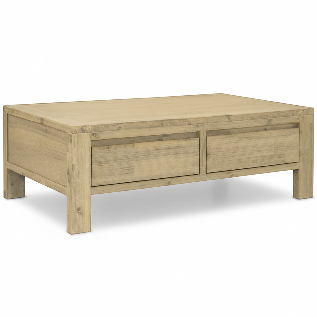 Direct Furniture Depot Watson coffee table in natural timber with two storage drawers and a clean, minimalist design.