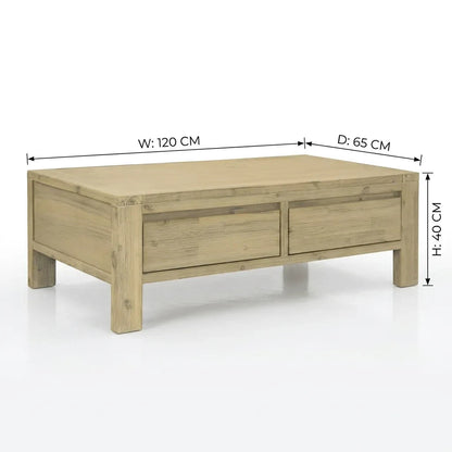 Direct Furniture Depot Watson coffee table in natural timber with two storage drawers and dimensions shown