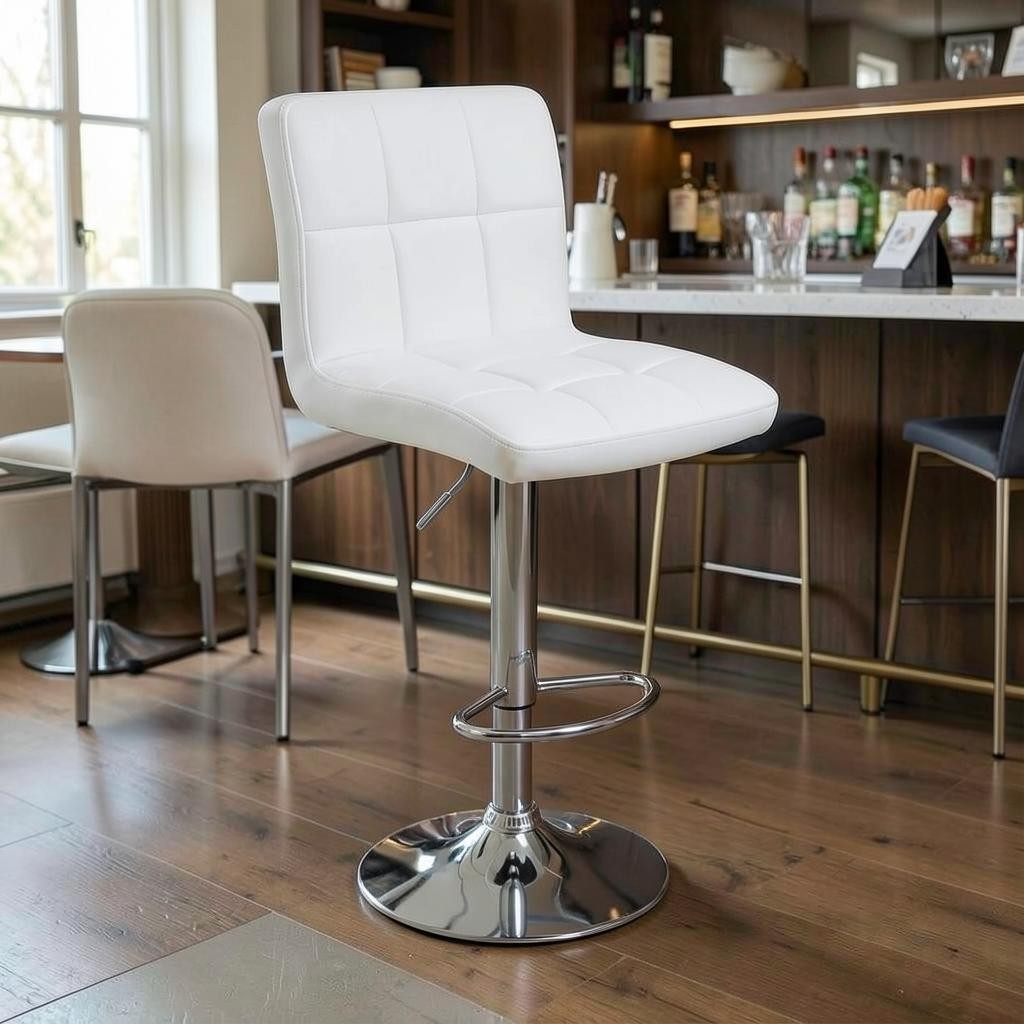 Direct Furniture Depot Elysian white faux leather adjustable bar stool with tufted grid pattern and chrome base.