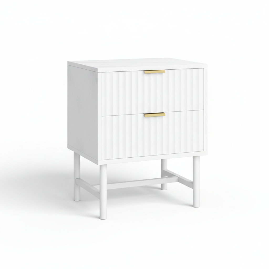 Direct Furniture Depot white 2 drawer bedside table with vertical fluted drawer fronts and gold metal handles.