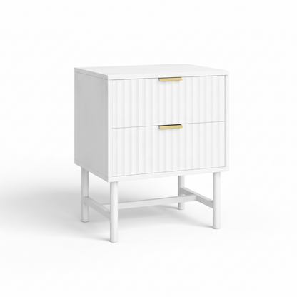 Direct Furniture Depot white 2 drawer bedside table with vertical fluted drawer fronts and gold metal handles.
