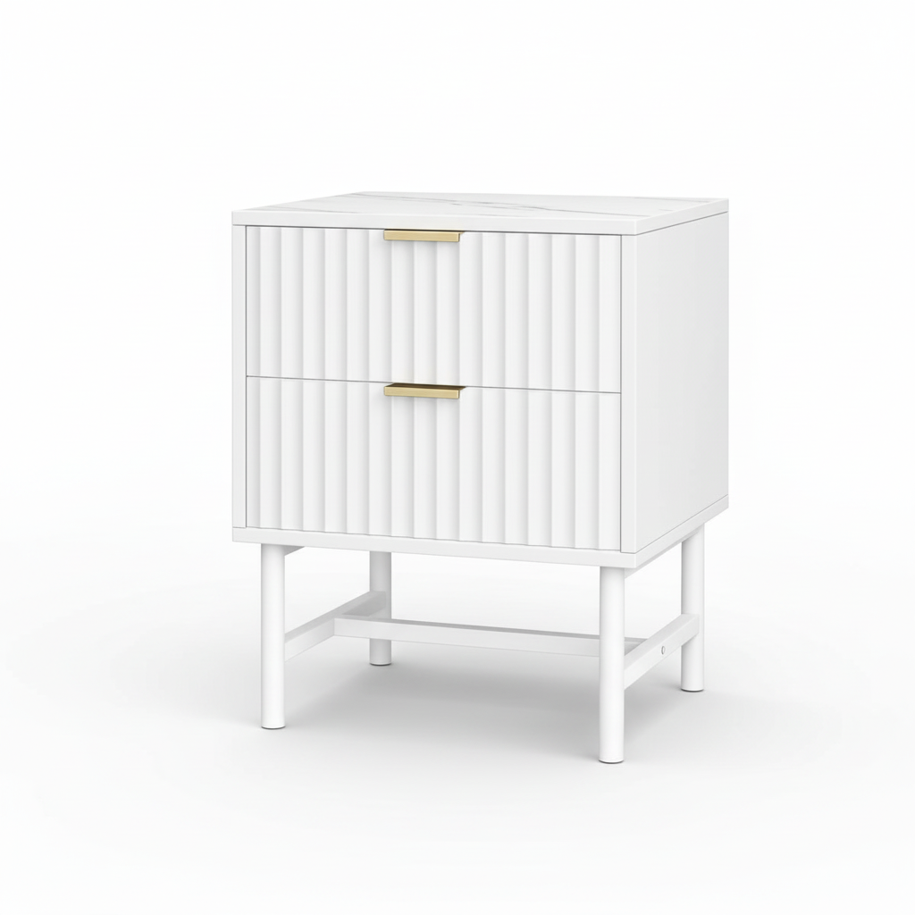 Direct Furniture Depot Celine white 2-drawer bedside table with fluted drawer fronts and gold handles
