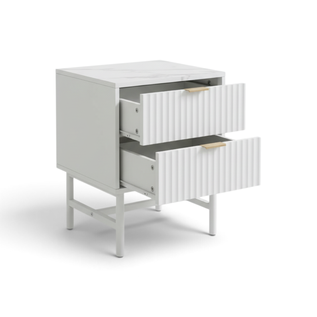 Direct Furniture Depot white 2 drawer bedside table with fluted drawer fronts, gold handles, and marble-look top.