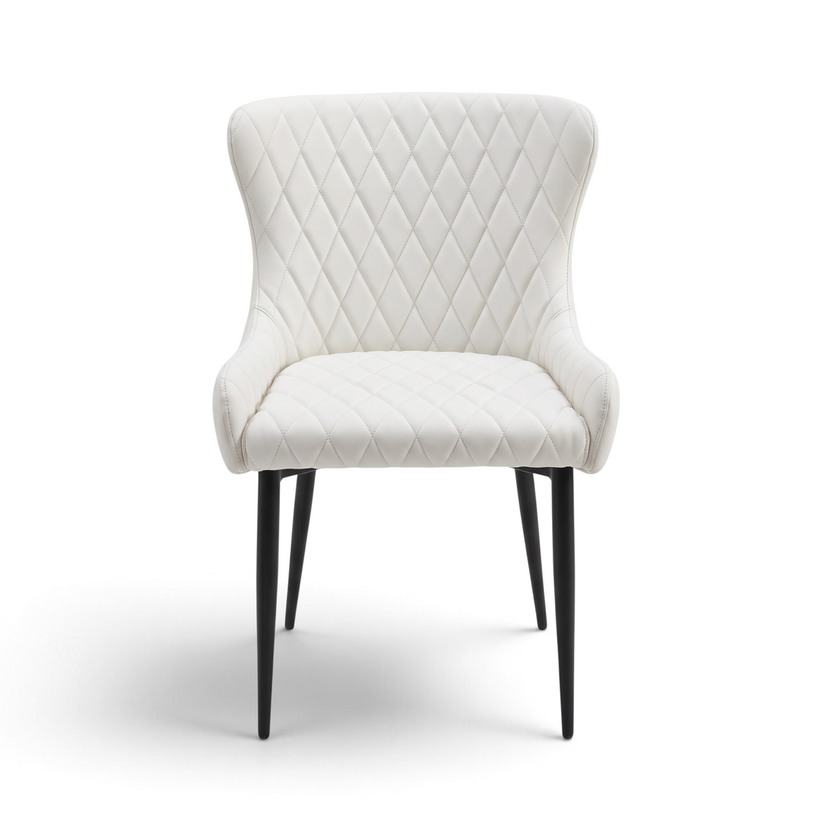 Direct Furniture Depot Miami white dining chair with diamond-pattern stitching and slim black metal legs