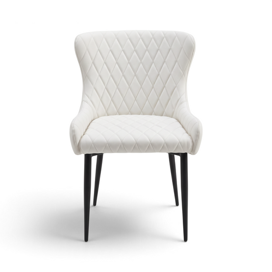 Direct Furniture Depot Miami white dining chair with diamond-pattern stitching and slim black metal legs