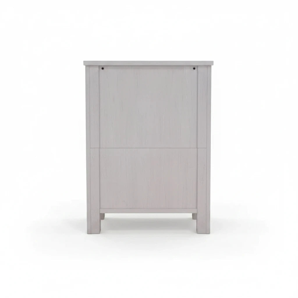 Direct Furniture Depot Willow bedside table in mountain ash with a brushed white wash finish, back view.