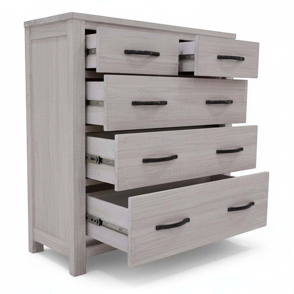 Direct Furniture Depot Willow tallboy in white wash mountain ash with five drawers and antiqued metal handles
