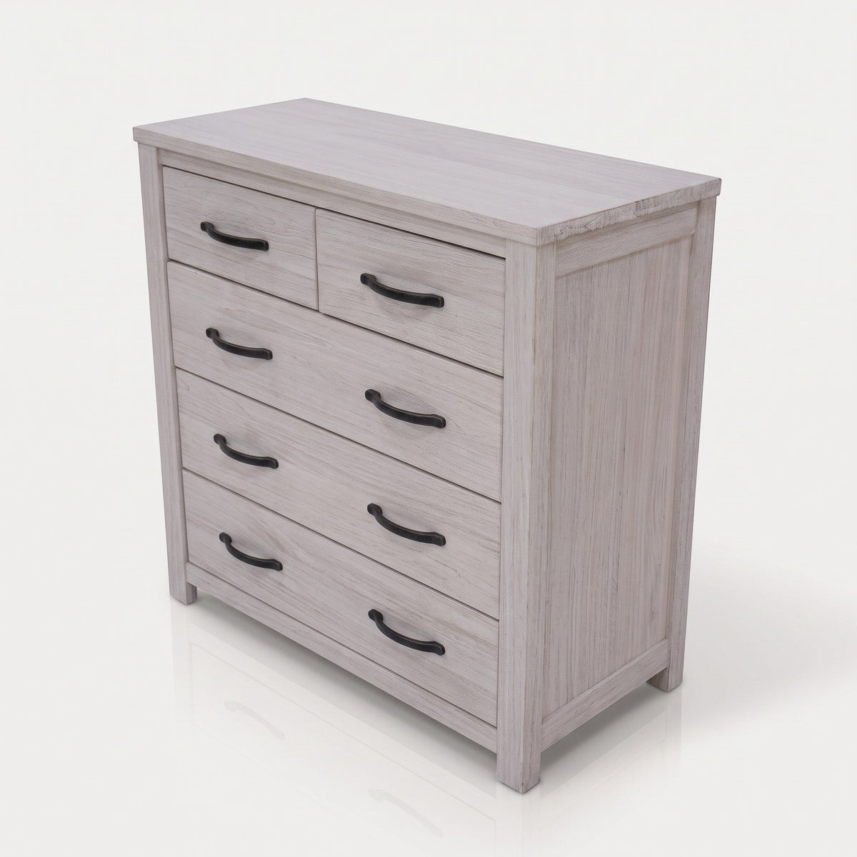Direct Furniture Depot Willow 5-drawer tallboy in white wash mountain ash with antiqued metal handles.
